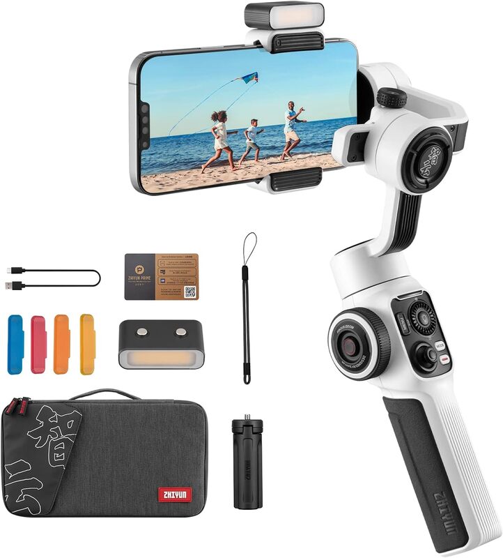 Zhiyun Smooth 5S Combo Professional Gimbal Stabilizer for Smartphone Handheld 3 Axis Phone Gimbal Portable Stabilizer Compatible with iPhone and Android  White