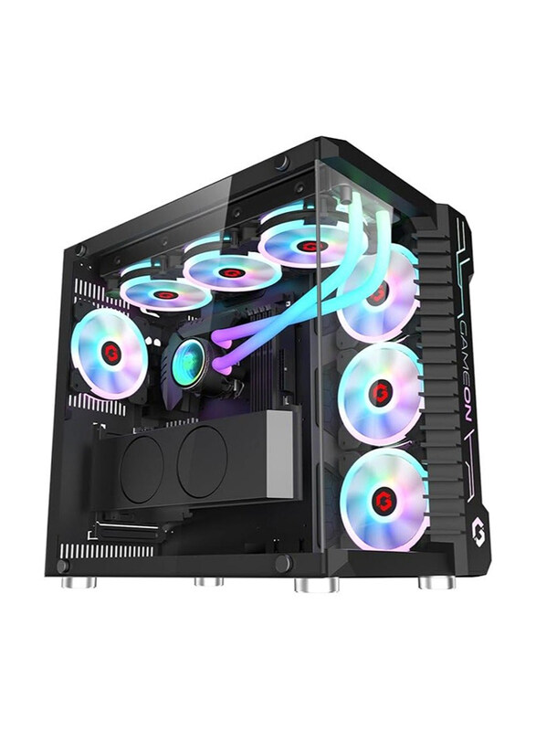 

Generic Gameon Emperor Midnight III Series 120mm ARGB+PWM Lighting Tempered Glass Pre Installed 7 RGB Cooling Fans Dust Filters Mid Tower PC Gaming Case, Blac