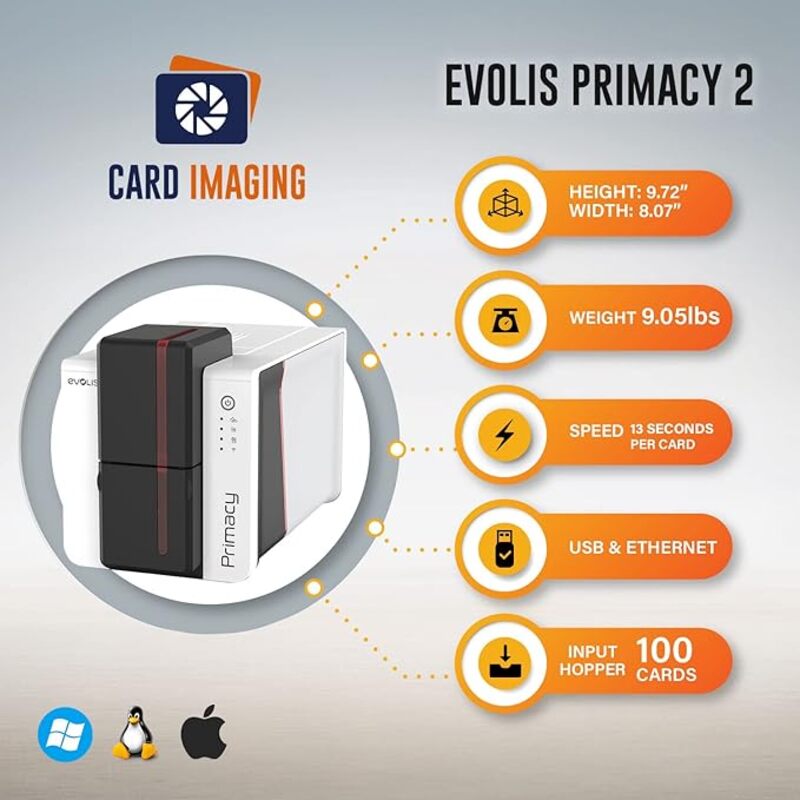 Evolis Primacy 2 Dual Sided ID Card Printer  Supplies Bundle Badge Machine PM 20025A
