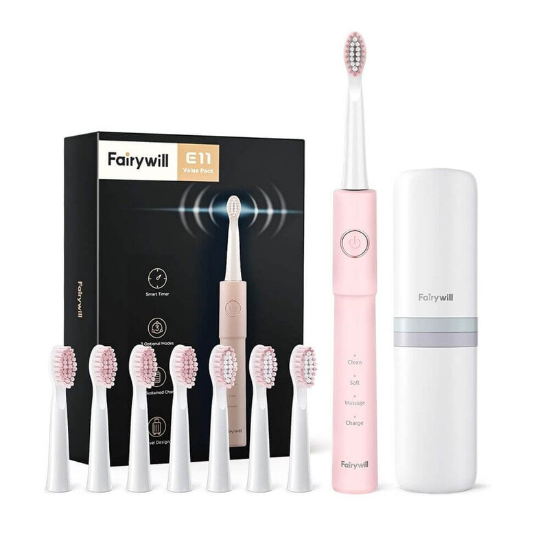 

Fairywill E11 Ultrasonic Teeth Whitening Electric Toothbrush Kit, Pink/White