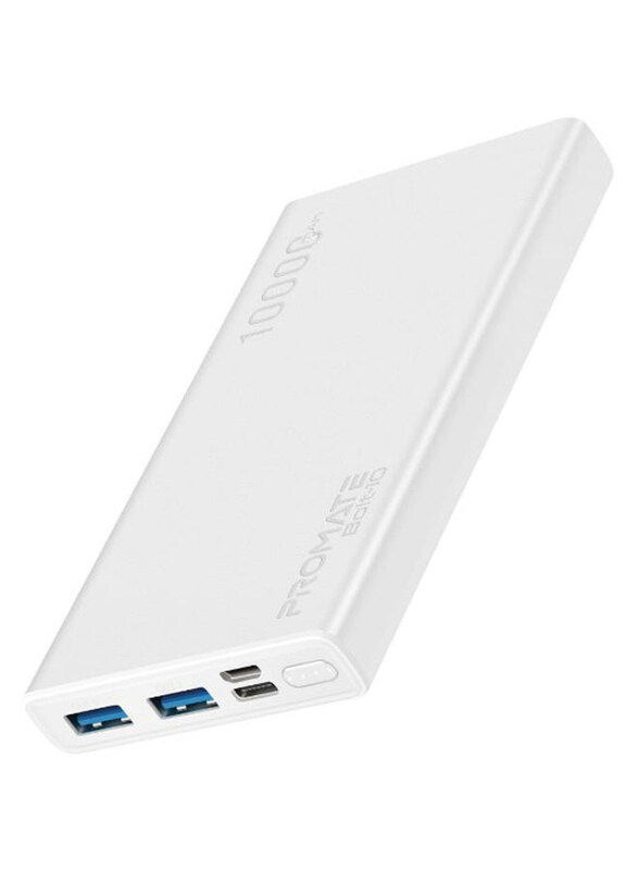 

Promate 10000mAh Compact Smart Charging Power Bank with Dual USB Output, White