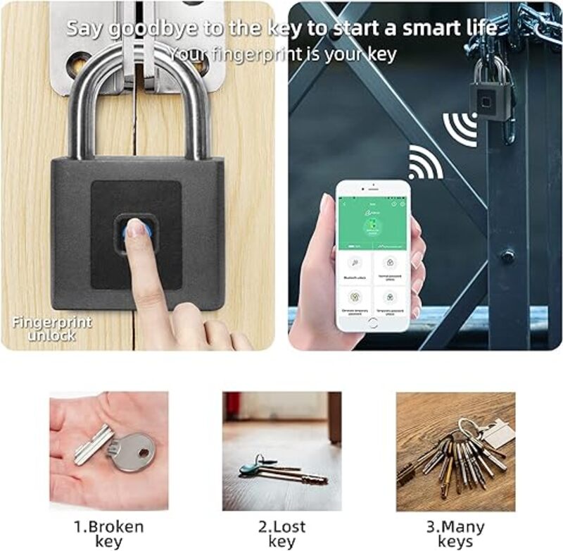 Fingerprint Padlock  Fingerprint or Remote via Phone App Smart Lock with USB Charging  Unlock Record Waterproof  Anti