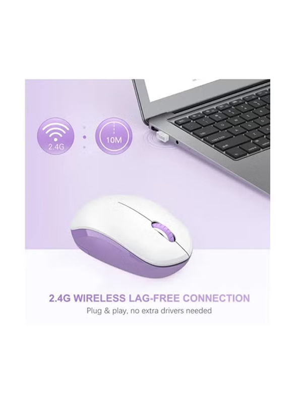Portable Mini Optical Mouse with 2.4G USB Receiver Noiseless Mice, White/Purple