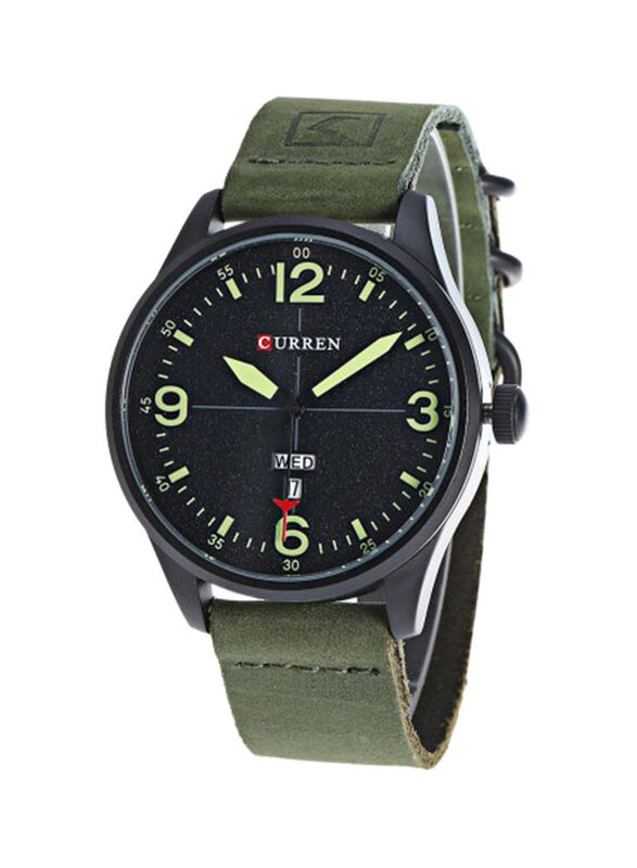 Curren Analog Watch for Men with Leather Band, Water Resistant, 8265, Green-Black