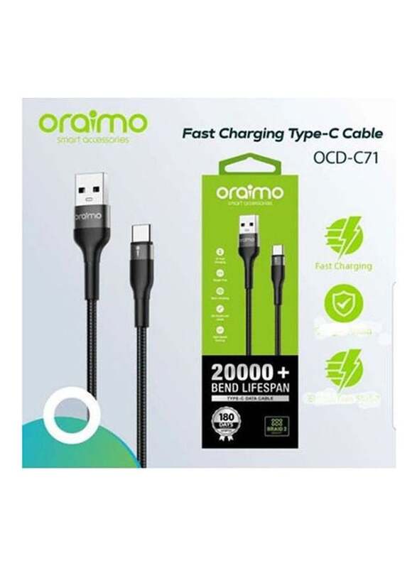 Oraimo Braid 2 Type-C Fast Charging Data Cable, USB Type A To Micro USB for Smartphones/Tablets, Black