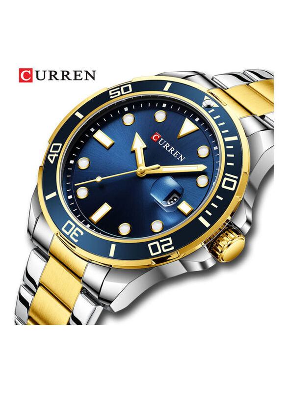 Curren Analog Watch for Men with Stainless Steel Band, 8388-3, Silver/Gold-Blue
