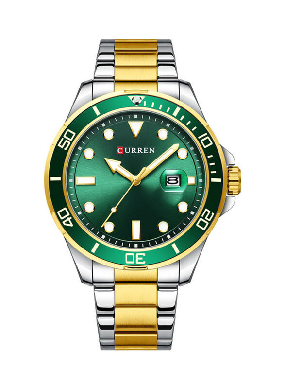 Curren Analog Watch for Men with Stainless Steel Band, Water Resistant, 8388, Gold/Silver-Green