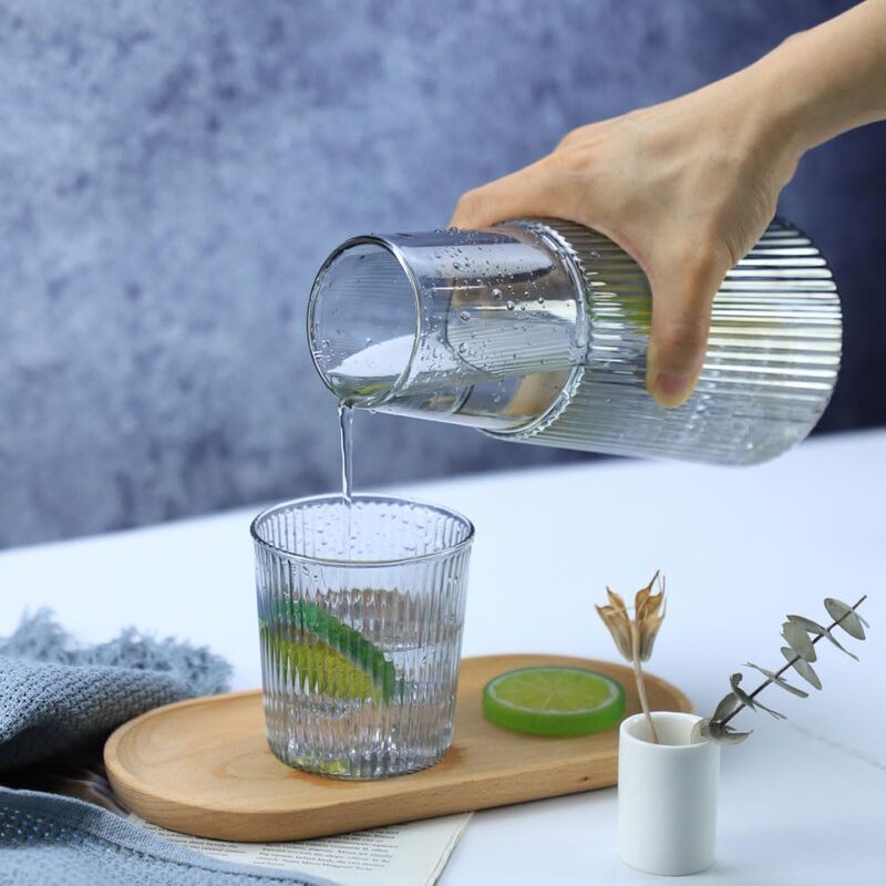 Bedside Glass Water Carafe and Tumbler Set - Water Bottle with Drinking Glass Cup-Transparent