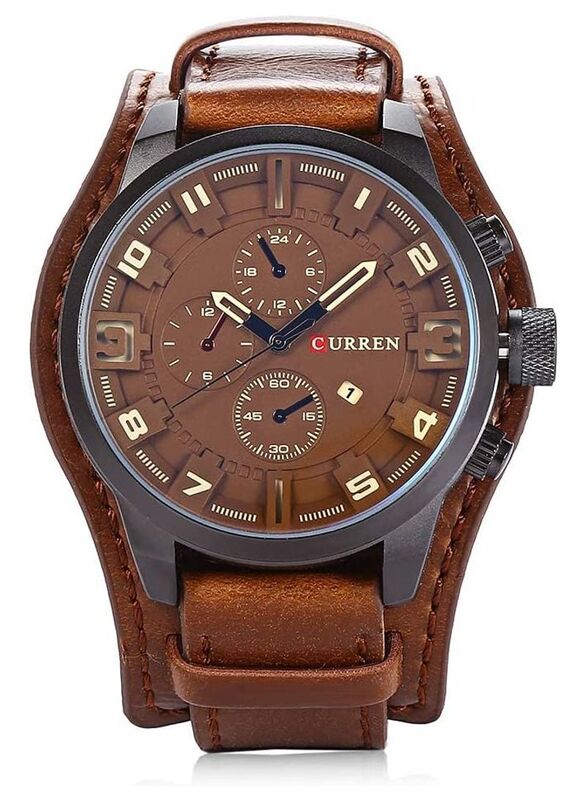 Curren Analog Watch for Men with Leather Band, Brown-Blue