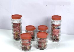 Food Storage Containers Set, 6 Pcs, Glass Canisters with Airtight Lockable Red Lids-Transparent