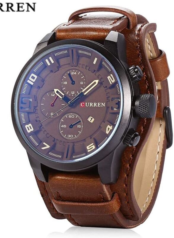 Curren Analog Watch for Men with Leather Band, Brown-Blue