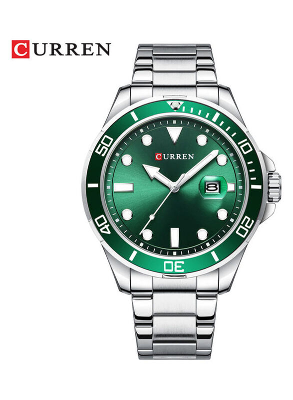 Curren Analog Watch for Men with Stainless Steel Band, Water Resistant, 8388-2, Silver-Green