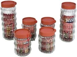 Food Storage Containers Set, 6 Pcs, Glass Canisters with Airtight Lockable Red Lids-Transparent