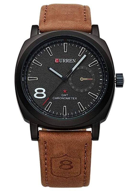 Curren Analog Watch for Men with Leather Band, Water Resistant, 8158, Brown-Black