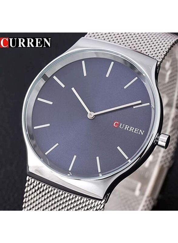 Curren Analog Watch for Men with Stainless Steel Band, Water Resistant, 8256, Silver-Blue