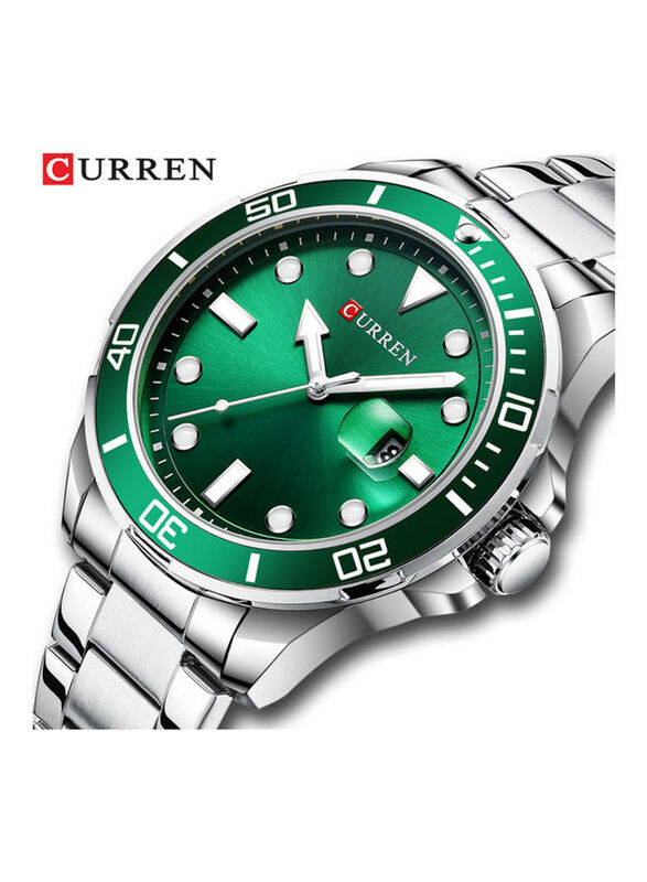 Curren Analog Watch for Men with Stainless Steel Band, Water Resistant, 8388-2, Silver-Green