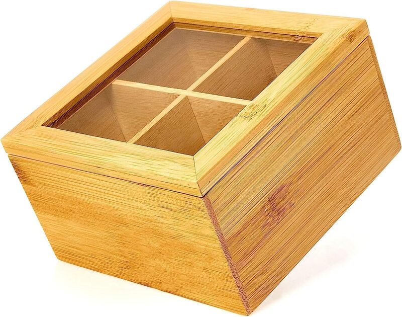 Premium Bamboo Tea Box Storage Organizer, Table Top Kitchen Spice Box, Tea Box Made with premium Quality Bamboo Material 4 Compartment,Tea Organizer With Transparent Lid-Natural