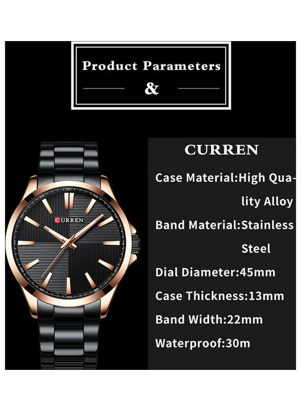 Curren Analog Watch for Men with Stainless Steel Band, Water Resistant, J-5125B, Black