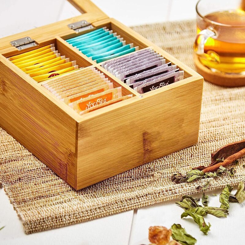 Premium Bamboo Tea Box Storage Organizer, Table Top Kitchen Spice Box, Tea Box Made with premium Quality Bamboo Material 4 Compartment,Tea Organizer With Transparent Lid-Natural