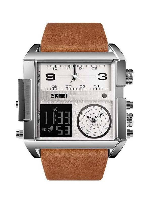 SKMEI Analog Watch for Men with Leather Band, Water Resistant, NF01210001, Brown-White