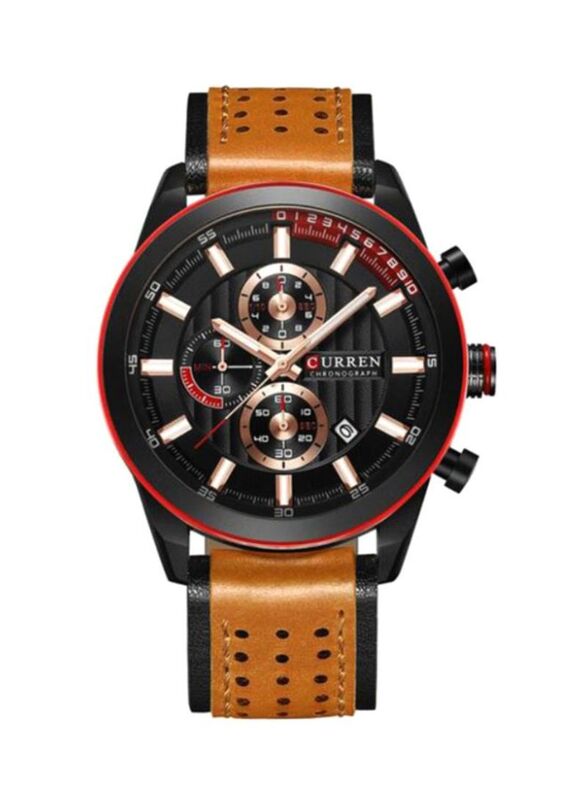 Curren Analog Watch for Men with Leather Band, Water Resistant, WT-CU-8292-R2, Brown/Black-Black