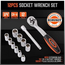 Universal Socket Set, 1/2 Sq Drive, Mechanical Tool Kit, 12 Piece Set, 1 Year Warranty-Black/Orange