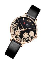 Curren Analog Watch for Women with Leather Band, Water Resistant, 9065, Black