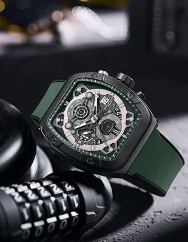 T5 GLIDER SERIES - Green Color Watches For Men Waterproof Men's Watch - Square Tonneau Wrist Watches Silicone Band Luminous Calendar