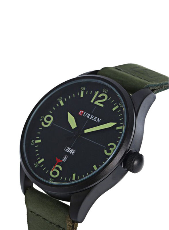 Curren Analog Watch for Men with Leather Band, Water Resistant, 8265, Green-Black