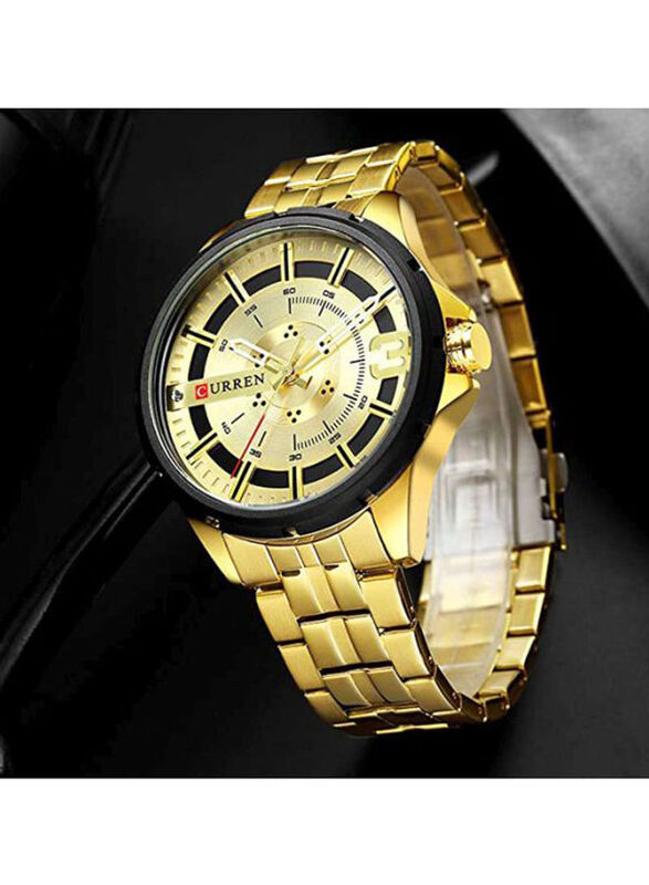 Curren Analog Watch for Men with Alloy Band, Water Resistant, 8333, Gold-Gold/Black