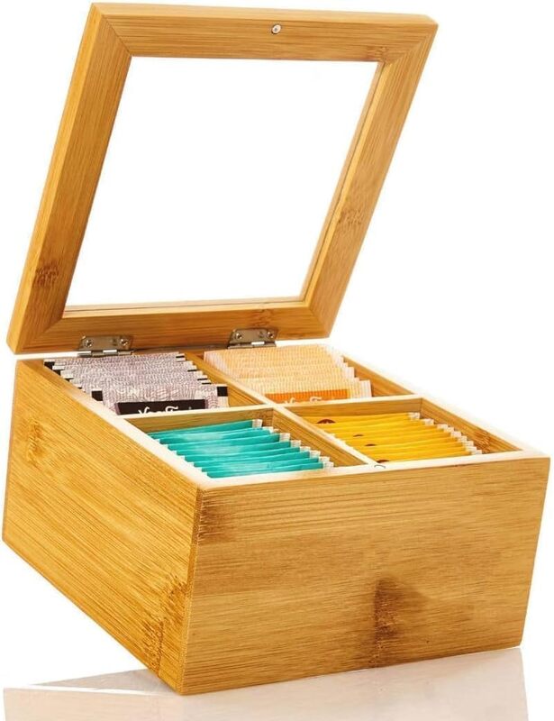 Premium Bamboo Tea Box Storage Organizer, Table Top Kitchen Spice Box, Tea Box Made with premium Quality Bamboo Material 4 Compartment,Tea Organizer With Transparent Lid-Natural