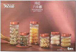 Food Storage Containers Set, 6 Pcs, Glass Canisters with Airtight Lockable Red Lids-Transparent