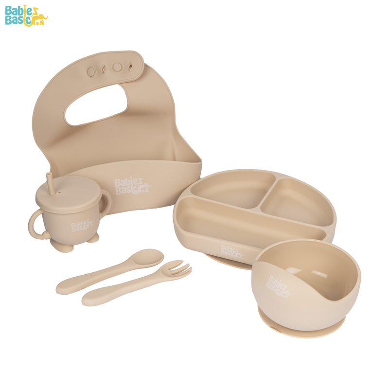BabiesBasic Feeding Set, 6 Piece, Silicone Set for Self Feeding, Learning & Fine Motor Skills Soft, Easy to Grip, Bib, Bowl, Plate, Mini Utensils, Spoon & 2 in 1 cup - Beige