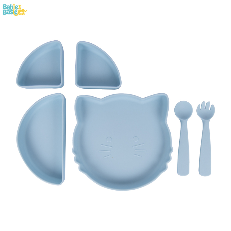 BabiesBasic Feeding Set with removable sections , 3 Piece, Silicone Set for Self Feeding, Learning & Fine Motor Skills Soft, Easy to Grip,Silicone Suction Plate with silicone Spoon and Fork- Blue