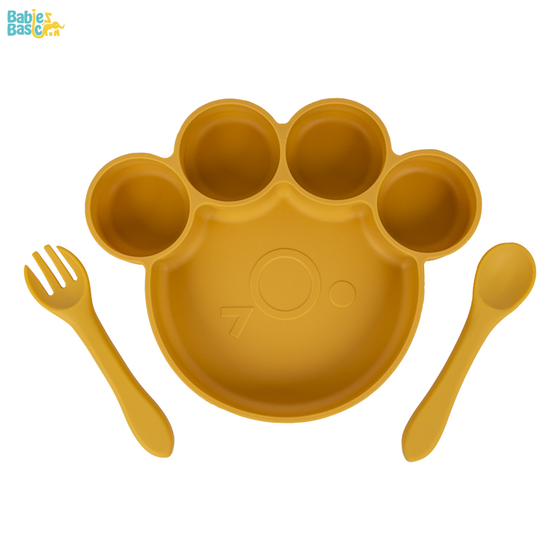 BabiesBasic Feeding Set, 3 Piece, Silicone Set for Self Feeding, Learning & Fine Motor Skills Soft, Easy to Grip,Silicone Suction Plate with silicone Spoon and Fork- Yellow