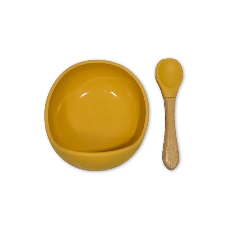 BabiesBasic Feeding Set, 2 Pieces, Silicone Set for Self Feeding, Learning & Fine Motor Skills Soft, Easy to Grip spoon with wooden handle and silione Tip, Strong Suction Silicone Bowl - Yellow