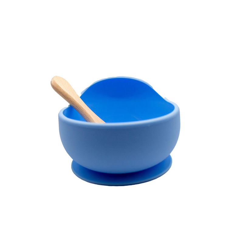 BabiesBasic Feeding Set, 2 Pieces, Silicone Set for Self Feeding, Learning & Fine Motor Skills Soft, Easy to Grip spoon with wooden handle and silione Tip, Strong Suction Silicone Bowl - Blue