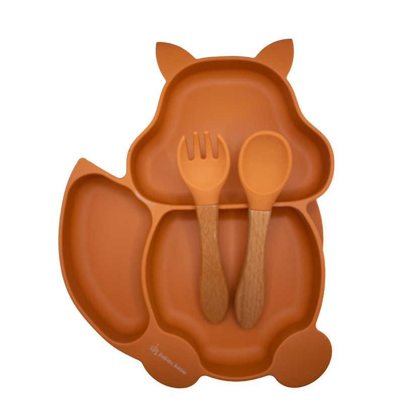 BabiesBasic Feeding Set, 3 Piece, Silicone Set for Self Feeding, Learning & Fine Motor Skills Soft, Easy to Grip, Squirel Shaped Suction Plate, Wooden Handle Spoon and Fork with Silicone Tip - Brown