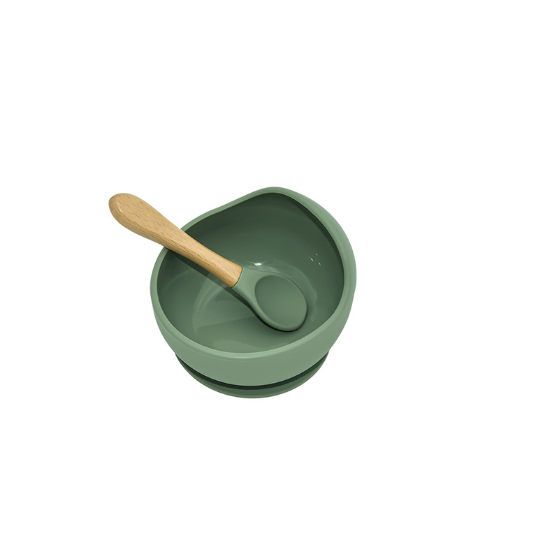 BabiesBasic Feeding Set, 2 Pieces, Silicone Set for Self Feeding, Learning & Fine Motor Skills Soft, Easy to Grip spoon with wooden handle and silione Tip, Strong Suction Silicone Bowl - Green