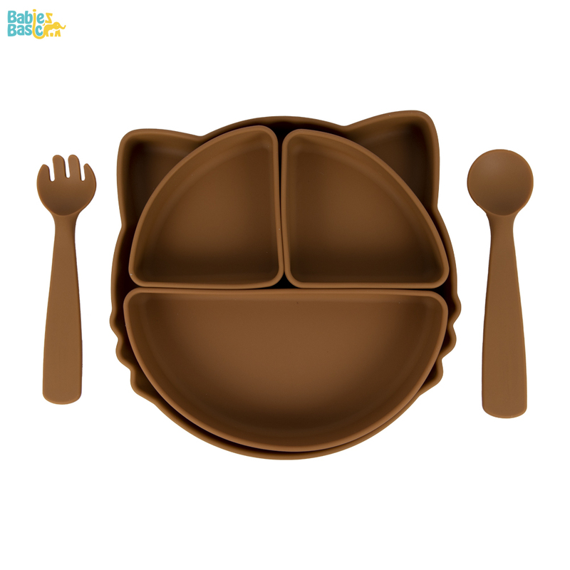 BabiesBasic Feeding Set with removable sections , 3 Piece, Silicone Set for Self Feeding, Learning & Fine Motor Skills Soft, Easy to Grip,Silicone Suction Plate with silicone Spoon and Fork- Brown