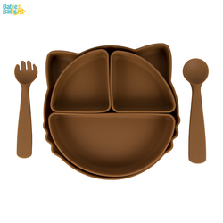 BabiesBasic Feeding Set with removable sections , 3 Piece, Silicone Set for Self Feeding, Learning & Fine Motor Skills Soft, Easy to Grip,Silicone Suction Plate with silicone Spoon and Fork- Brown