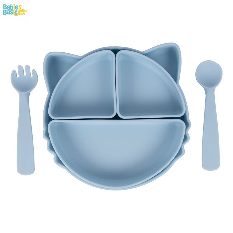 BabiesBasic Feeding Set with removable sections , 3 Piece, Silicone Set for Self Feeding, Learning & Fine Motor Skills Soft, Easy to Grip,Silicone Suction Plate with silicone Spoon and Fork- Blue