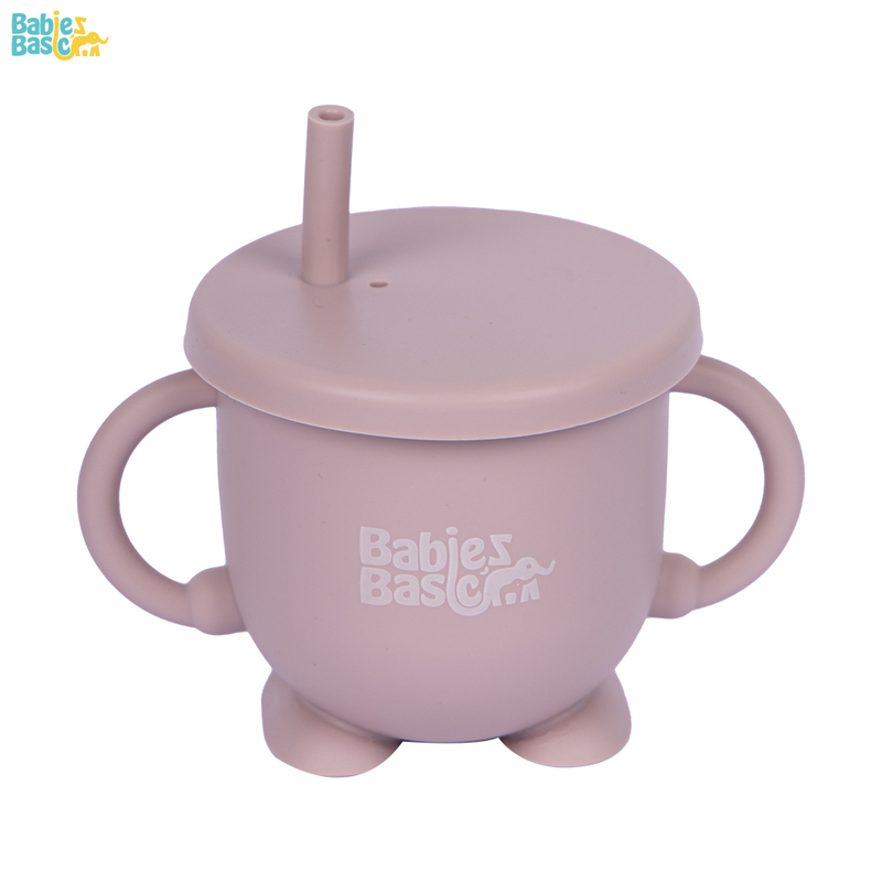 BabiesBasic Feeding Set, 6 Piece, Silicone Set for Self Feeding, Learning & Fine Motor Skills Soft, Easy to Grip, Bib, Bowl, Plate, Mini Utensils, Spoon & 2 in 1 cup - Blush
