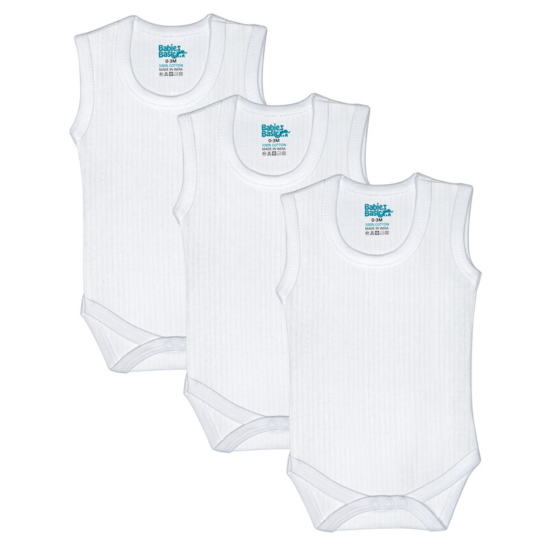 

BabiesBasic Super Combed Cotton, Sleeveless Printed Bodysuit, for New Born to 24months. Set of 3, 12-18 Months , White