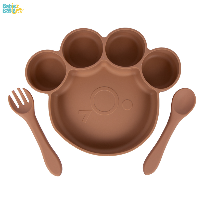 BabiesBasic Feeding Set, 3 Piece, Silicone Set for Self Feeding, Learning & Fine Motor Skills Soft, Easy to Grip,Silicone Suction Plate with silicone Spoon and Fork- Brown