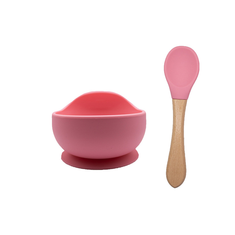 BabiesBasic Feeding Set, 2 Pieces, Silicone Set for Self Feeding, Learning & Fine Motor Skills Soft, Easy to Grip spoon with wooden handle and silione Tip, Strong Suction Silicone Bowl - Pink