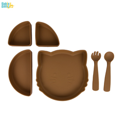 BabiesBasic Feeding Set with removable sections , 3 Piece, Silicone Set for Self Feeding, Learning & Fine Motor Skills Soft, Easy to Grip,Silicone Suction Plate with silicone Spoon and Fork- Brown