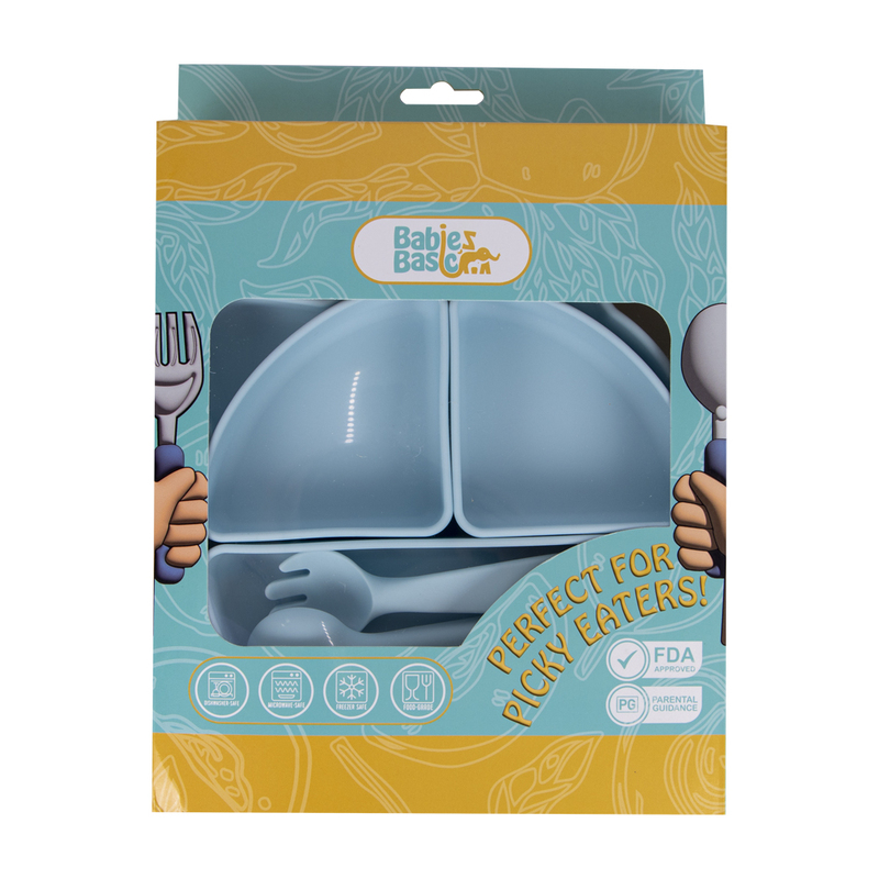 BabiesBasic Feeding Set with removable sections , 3 Piece, Silicone Set for Self Feeding, Learning & Fine Motor Skills Soft, Easy to Grip,Silicone Suction Plate with silicone Spoon and Fork- Blue