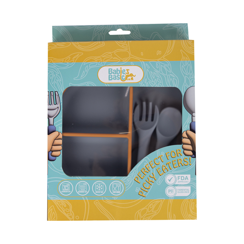 BabiesBasic Feeding Set, 3 Piece, Silicone Set for Self Feeding, Learning & Fine Motor Skills Soft, Easy to Grip,Silicone Suction Plate with silicone Spoon and Fork- Grey