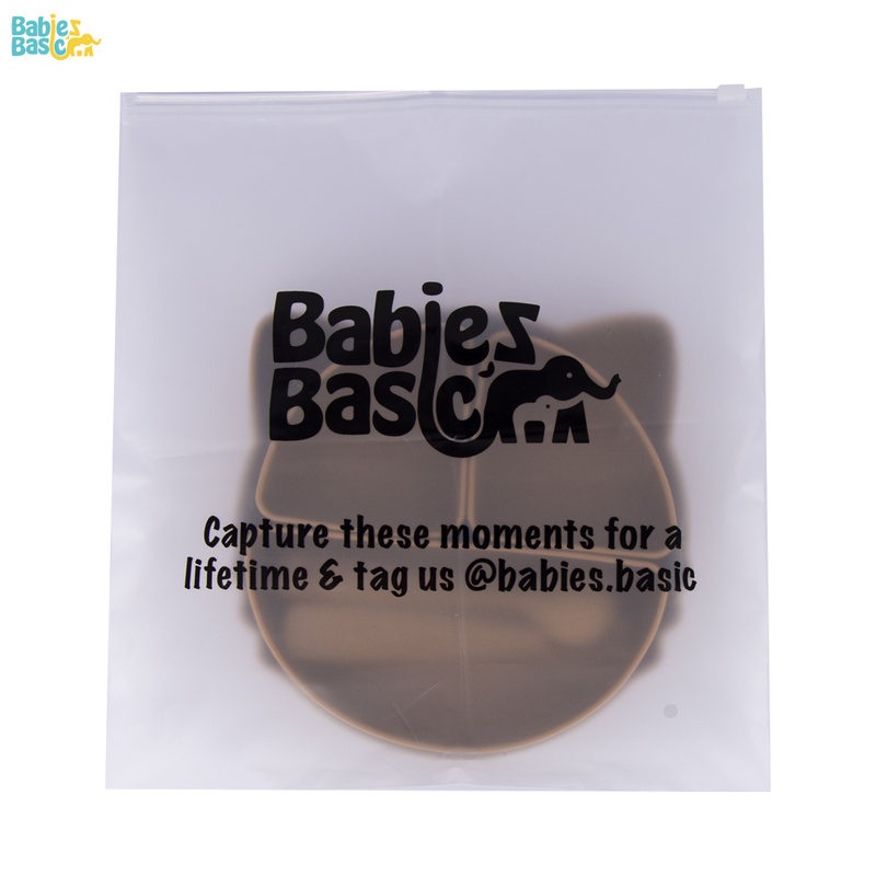 BabiesBasic Feeding Set with removable sections , 3 Piece, Silicone Set for Self Feeding, Learning & Fine Motor Skills Soft, Easy to Grip,Silicone Suction Plate with silicone Spoon and Fork- Brown